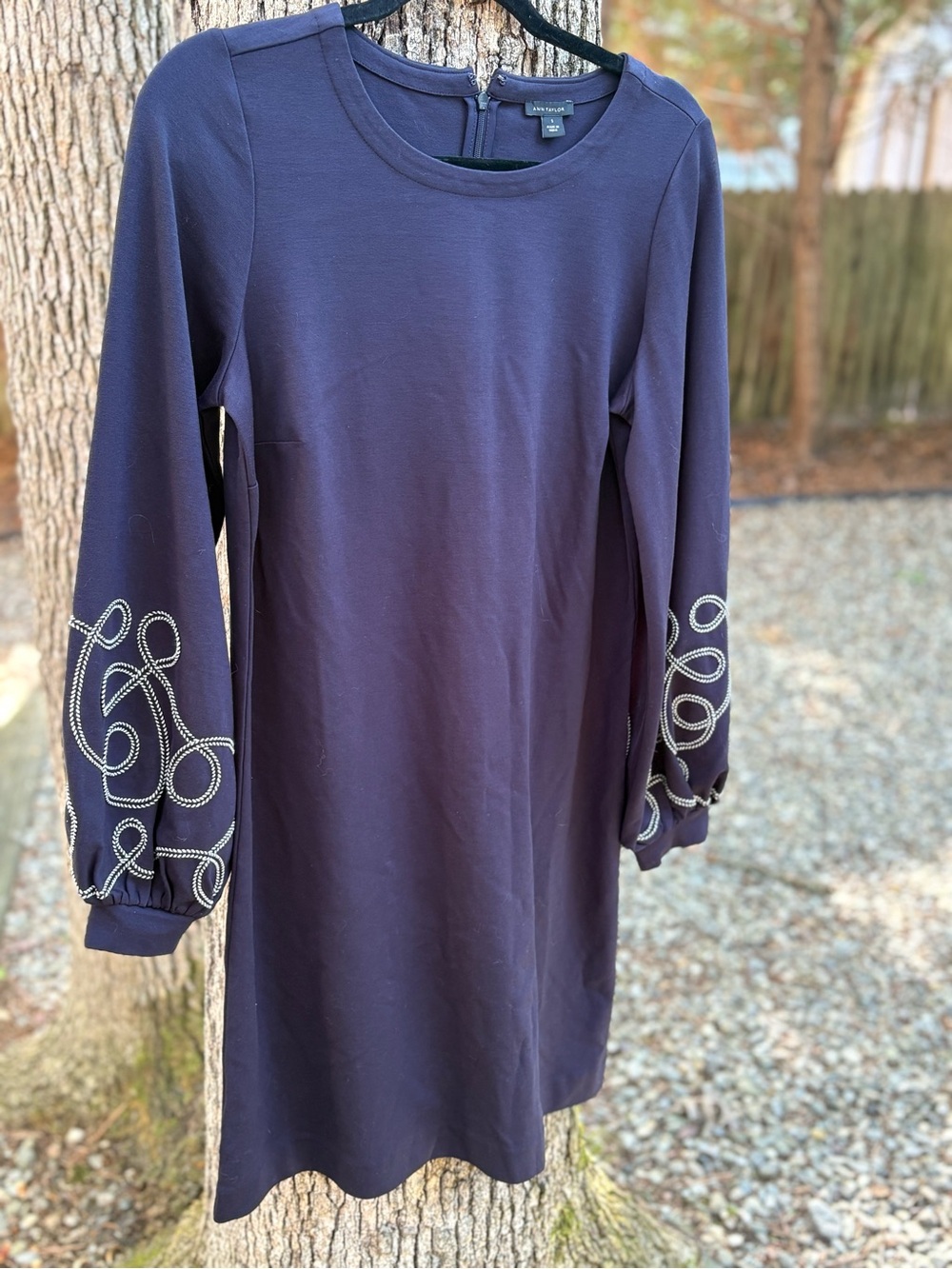 Ann Taylor Navy Dress with Embroidered Sleeve Detail